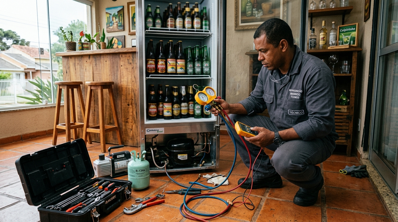 Profissional executando reparo no motor de cervejeira em Anápolis‑GO