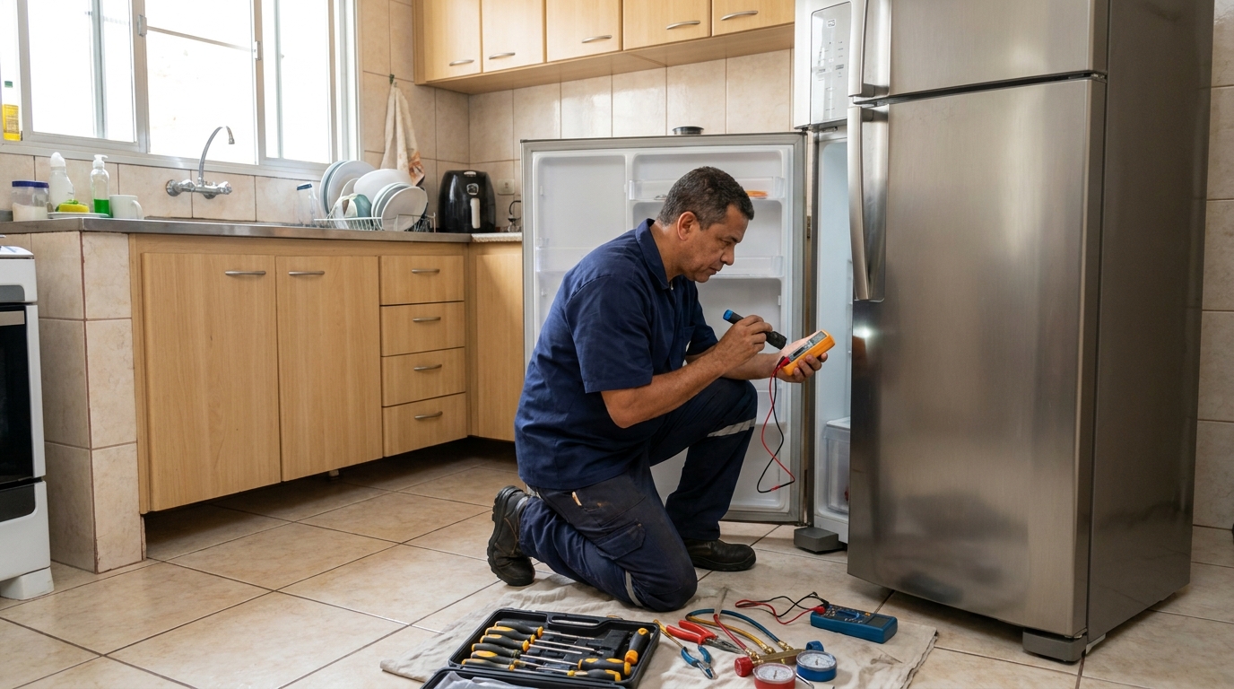 Técnico aplicando recarga de gás refrigerante em geladeira em Anápolis‑GO